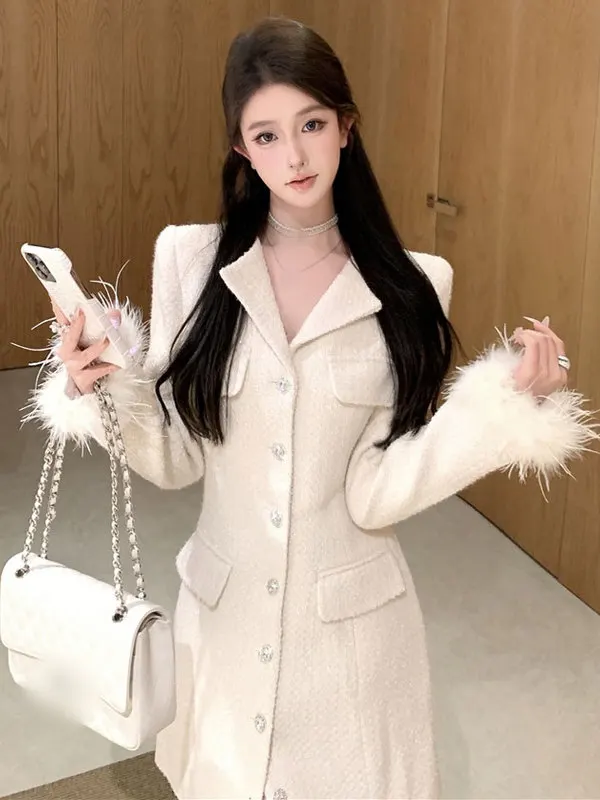 

Модный корейский женский шерстяной пиджак-костюм, осенне-зимний, длинный, с пуговицами, однотонный, прочный