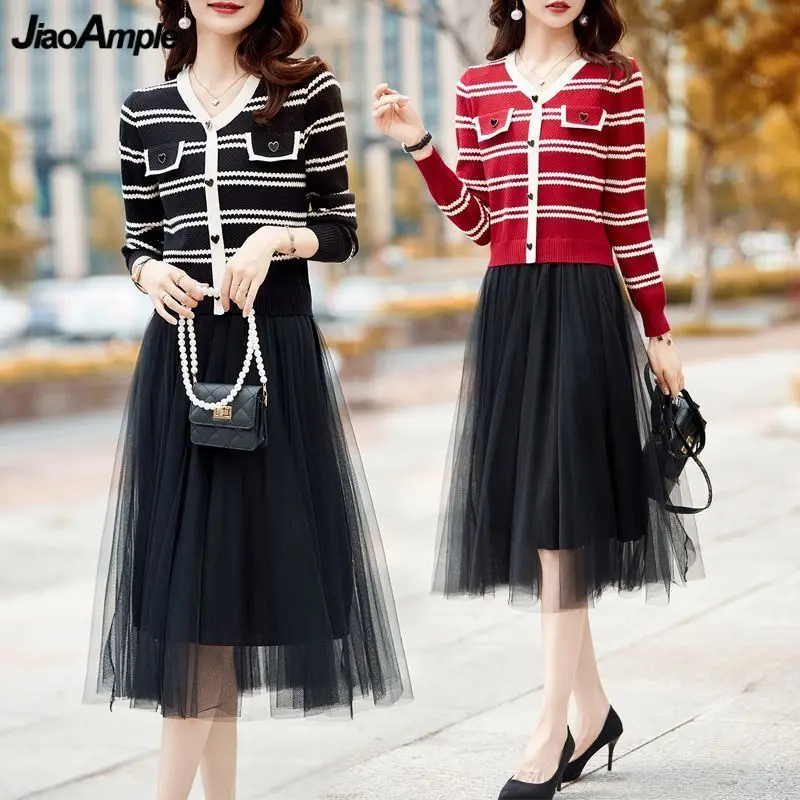 

Women Autumn Winter Graceful Sweater Mesh Patchwork Dress Korean Lady V-Neck Stripe Long Sleeve Knit Dresses 2023 New Clothing