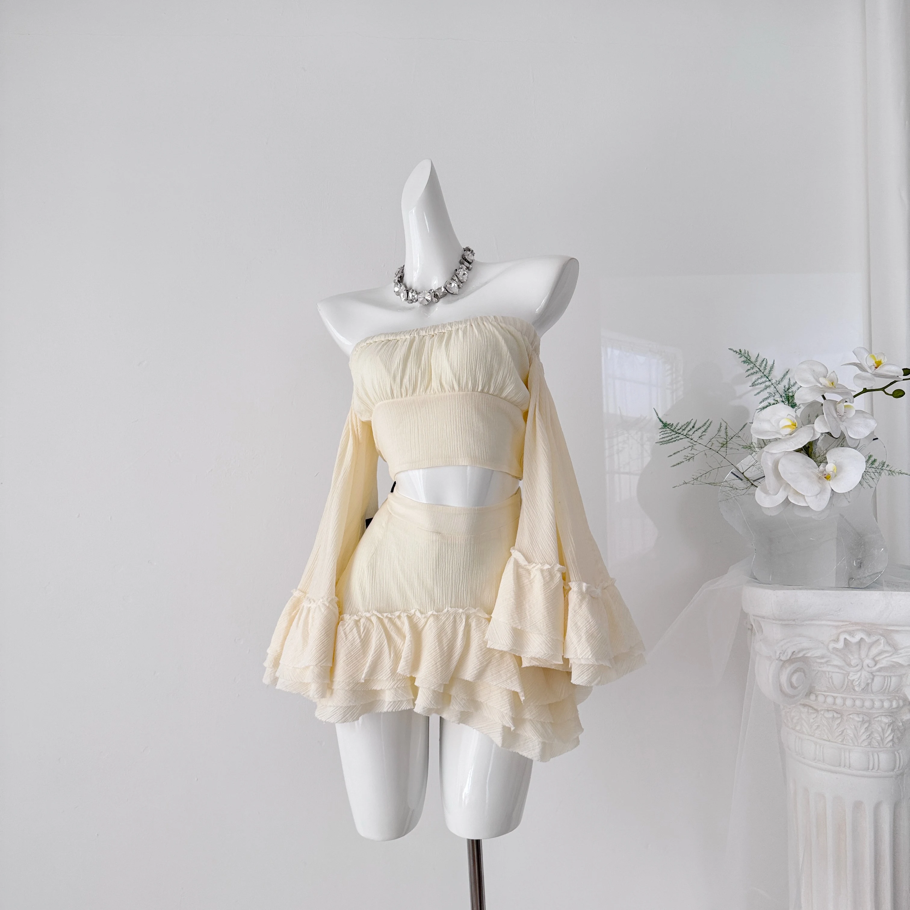 Women's Spring Autumn Sexy Ruffled Two Pieces Skirt Set Lady Slash Neck Off Shoulder Flare Sleeve Short Top + Layered Mini Skirt