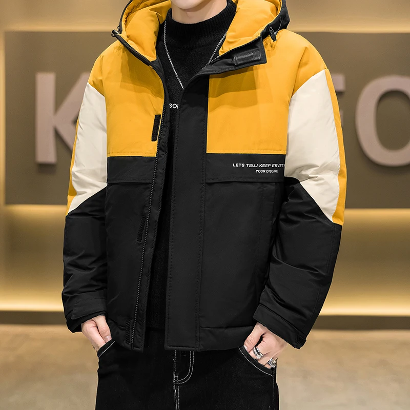 

Winter Men's down Jaet ort Thiened Hooded Patchwork Color Korean Sle Couples Outerwear Youth ular White Du down