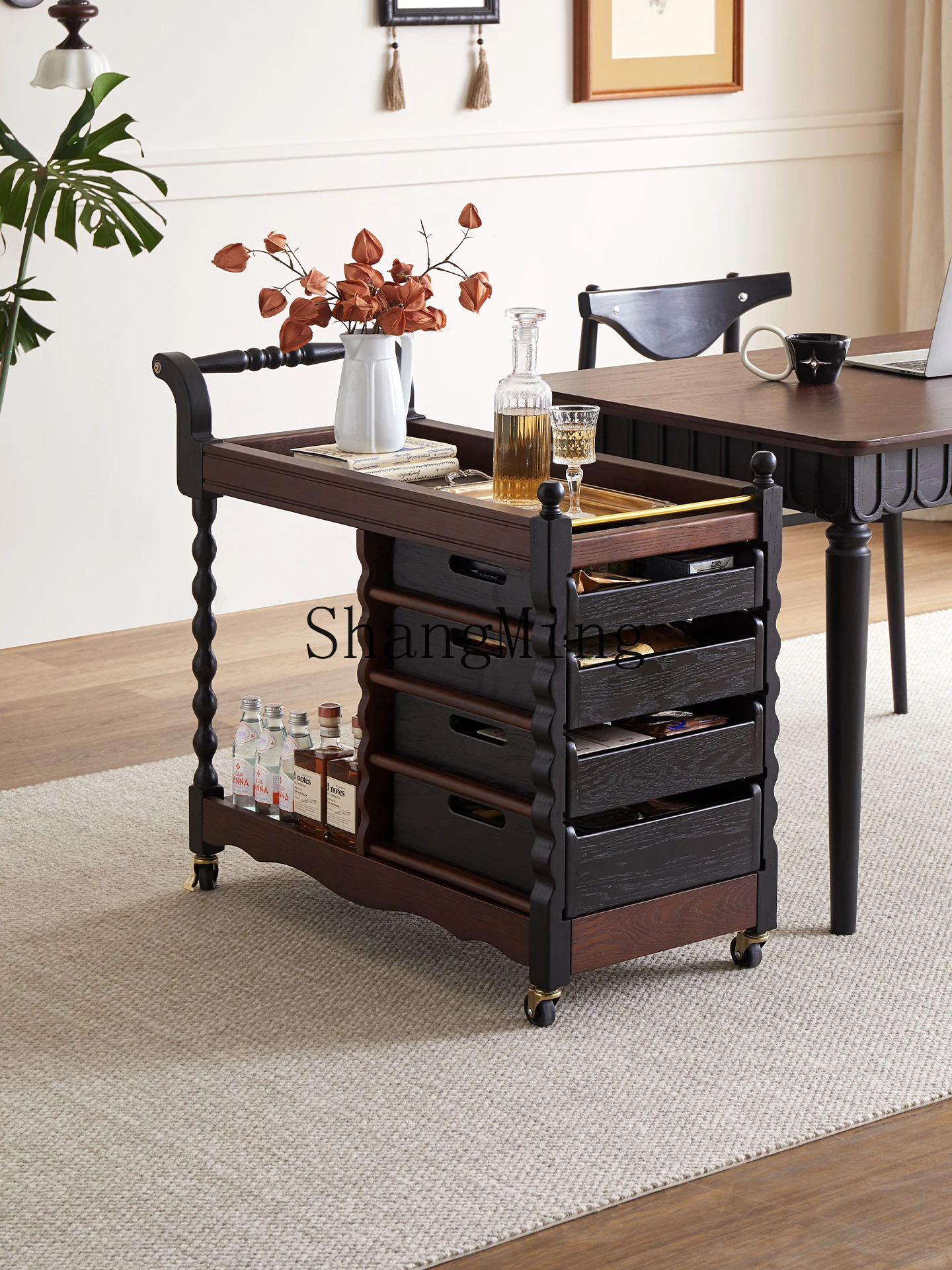 

CL Retro Floor Mobile Small Trolley Small Apartment Living Room Home Vintage Solid Wood Sofa Side Table