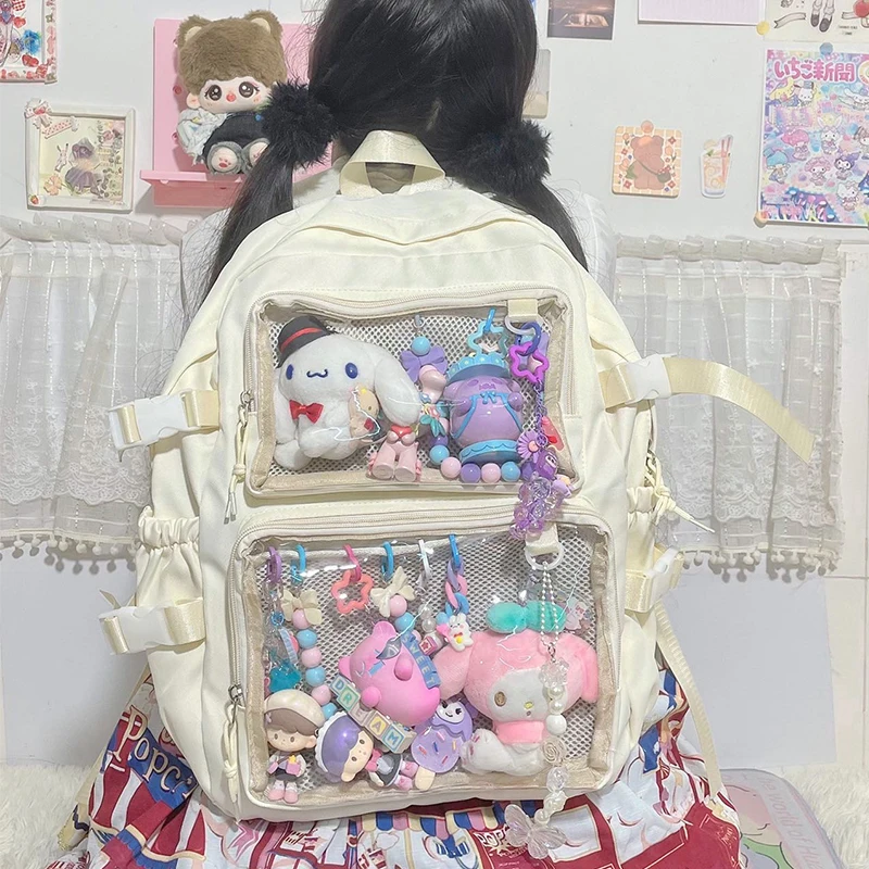 Mochila de gran capacidad con bolsillo transparente para mujer, bolsa bonita de viaje, estilo Harajuku, Ita