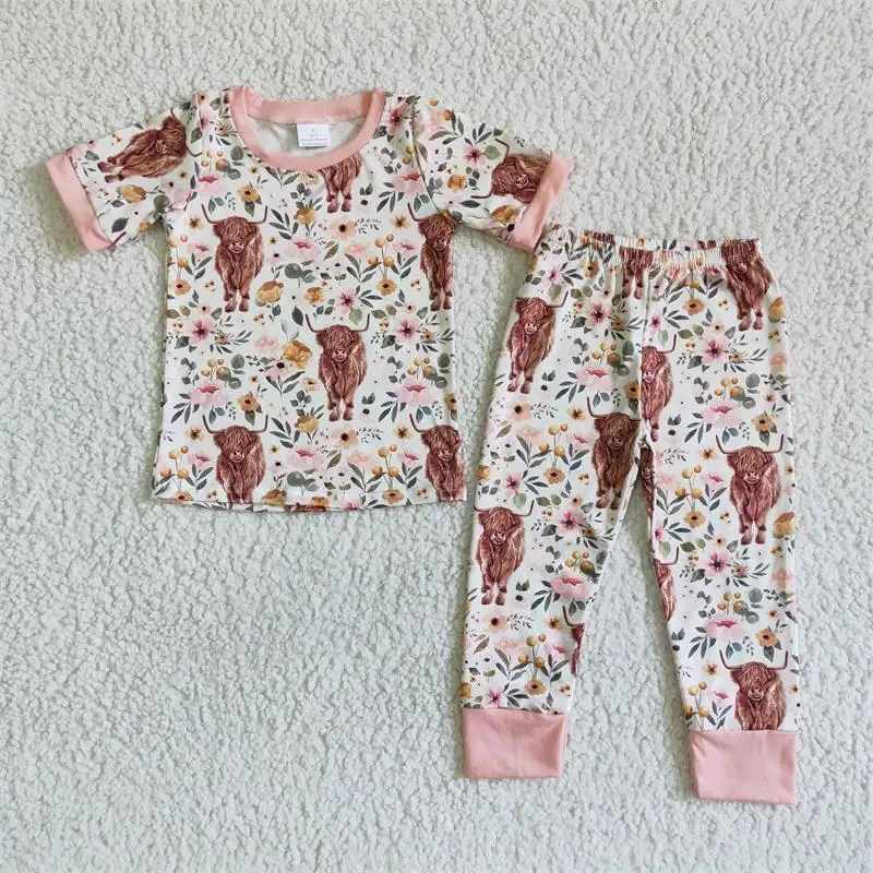 

Promotion Western Infant Nightwear Baby Girls Cow Flower T-shirts Tee Floral Pants Wholesale Children Set Kids Outfit Pajamas