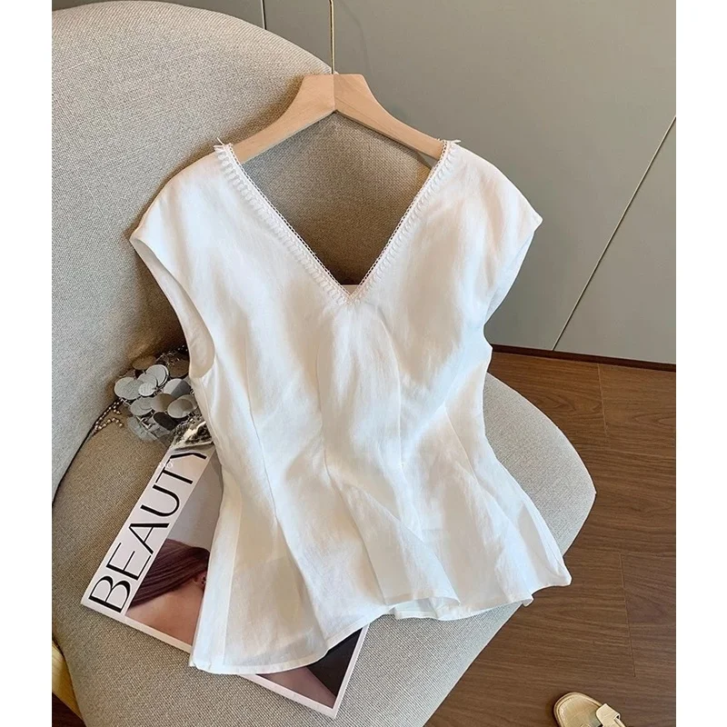 

Ele Slimming ort Lace Trim V-Ne Svel irt T-irt Women's Summer Faionable Waist-Cinching Top Quali Polyester