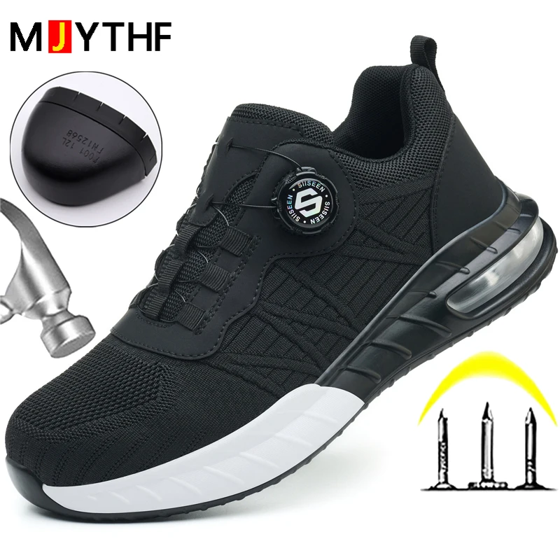 Fashion Sports Shoes Men's Safety Shoes Rotating Button Steel Toe Shoes Work Sneakers Anti-Smash Anti Puncture Protection Shoes