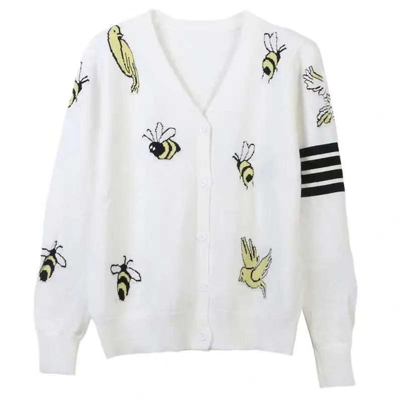 Temperament striped contrasting bee bird embroidery V-neck long sleeved knitted cardigan 2024 autumn/winter women's clothing