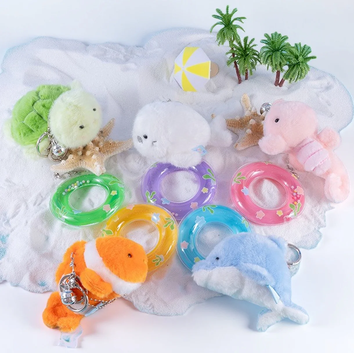 Cute Swim Ring&Shell House Ocean Series Plush Toy Keychain Marine Animal Killer Whale,Dolphin,Sea Lion Small Pendant Kid Gift