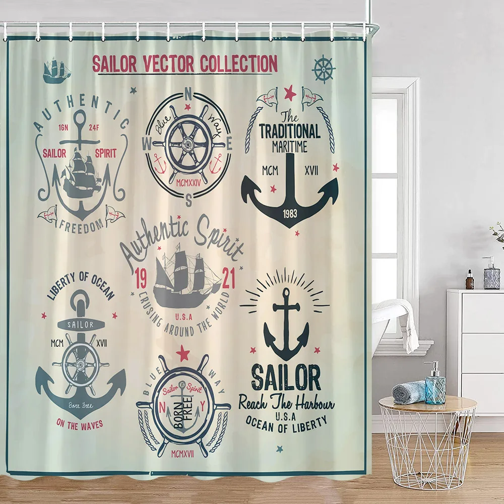 Nautical Cartoon Shower Curtain Lighthouse Sailboat Compass Adventure Treasure Map Bathroom Decor Kids Polyester Bath Curtain