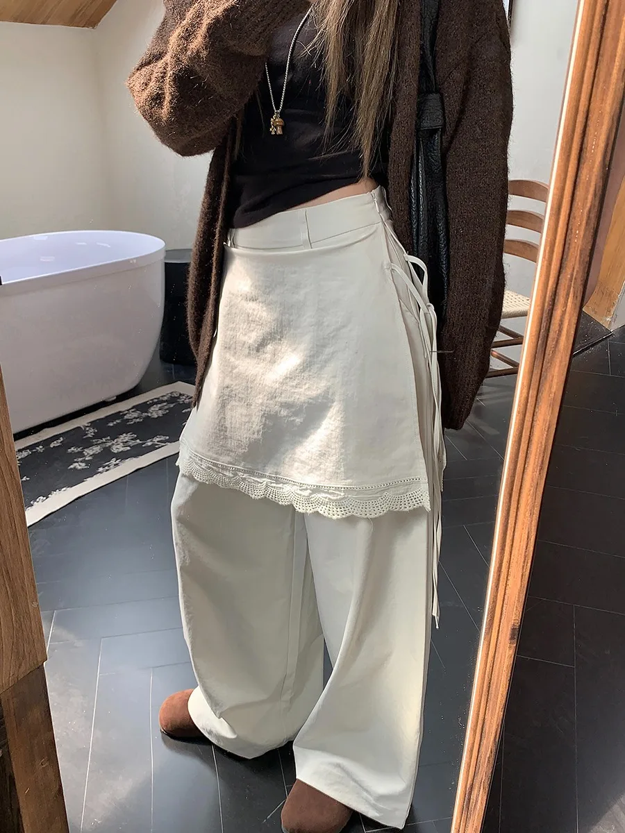 High Waist Wide Leg Straight Leg Pants Women's Spring Autumn New Sle Casual Lace Splicing Pants Loose Fit Floor Length