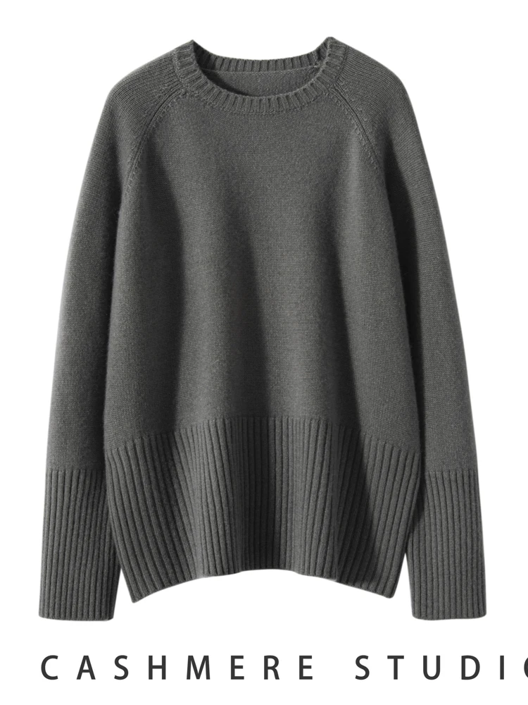 Women\'s 100% Cashmere Sweater Basic Casual Loose O-neck Pullover Knitwear Autumn Winter Thick Raglan Sleeve Cashmere Clothing