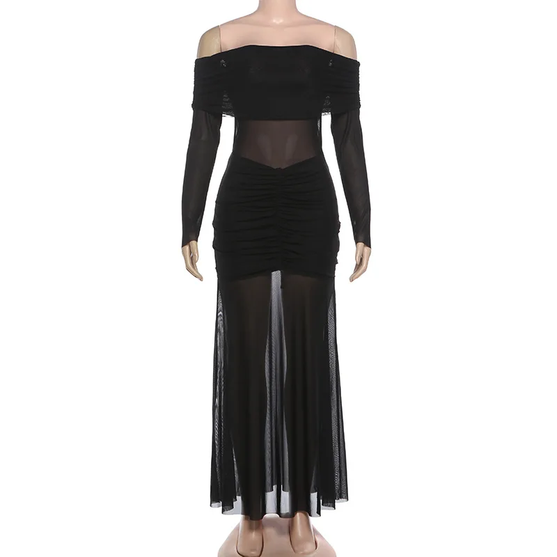 Ver através de malha retalhos ruched bodycon maxi vestido de festa feminino elegante sexy lapela fora do ombro manga cheia clubwear longo robe
