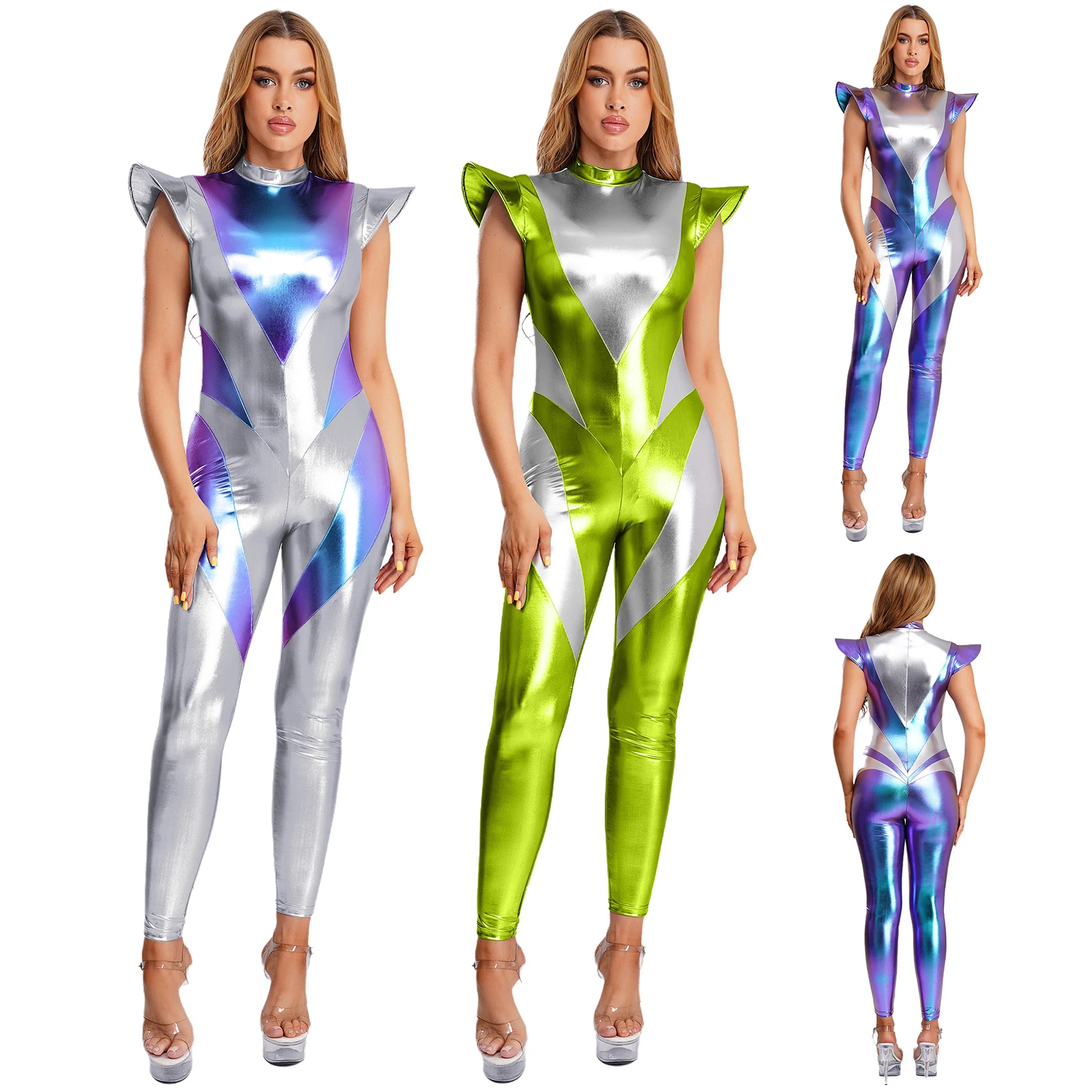 Women Alien Astronaut Cosplay Full Unitard Jumpsuits Costume for Spaced Themed Party Fly Sleeve Leggings Pants Metallic Jumpsuit