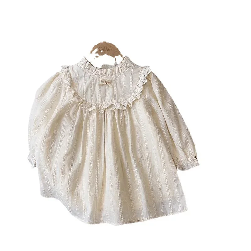 Bowknot Nylon Lace Embroidered Flower Half High Collar Cut-out Princess Dress Autumn Dress Kids Dresses for Girls  Kids