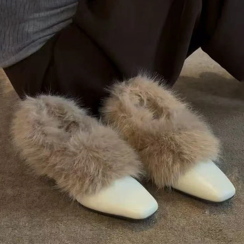 

Women Flats Fur Loafers Shoes Winter Warm Plush Shoes Designer Square Toe Leather Shoes 2025 New Shallow Dress Zapatos De Mujer