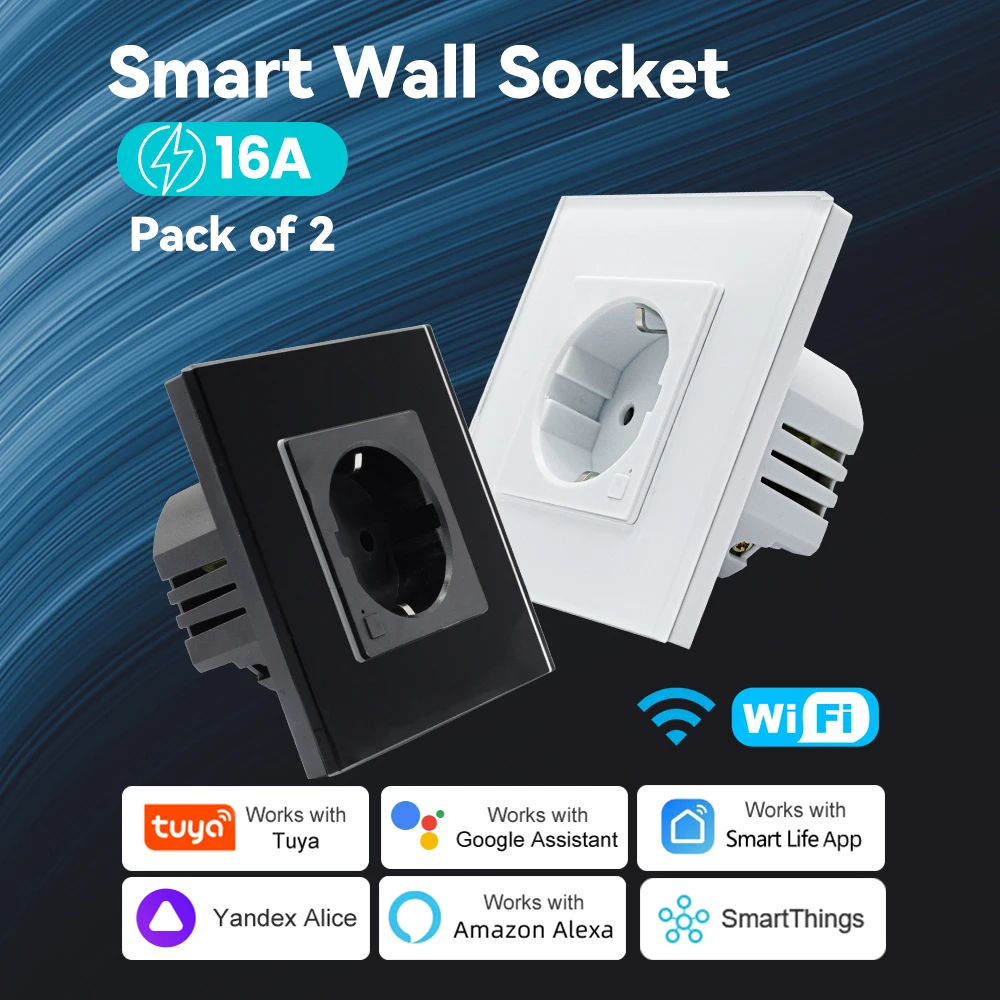 

2 шт., настенная розетка европейского стандарта Tuya, умная розетка, Wi-Fi, электрические розетки, монитор мощности, Google Smart Life, Alexa, стеклянная панель с голосовым управлением