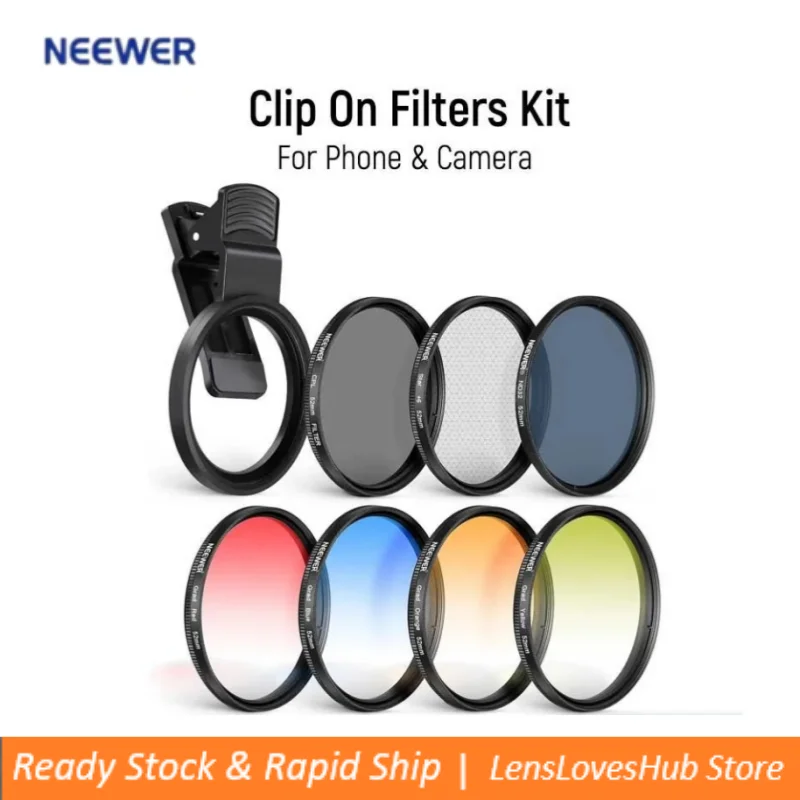 

NEEWER ND32 ND Filter Kit for Phone & Camera, CPL,4 Graduated Color Filter, 52-55mm Adapter Ring, Phone Lens Clip For iPhone