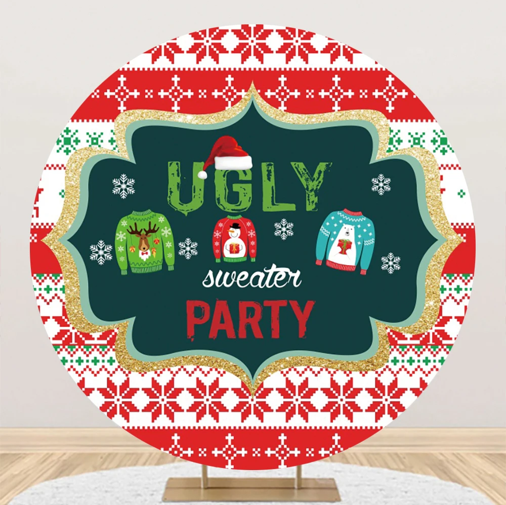 

Ugly Sweater Party Backdrop Elastic Round Banner Kids Family Merry Christmas Circle Background Photo Studio