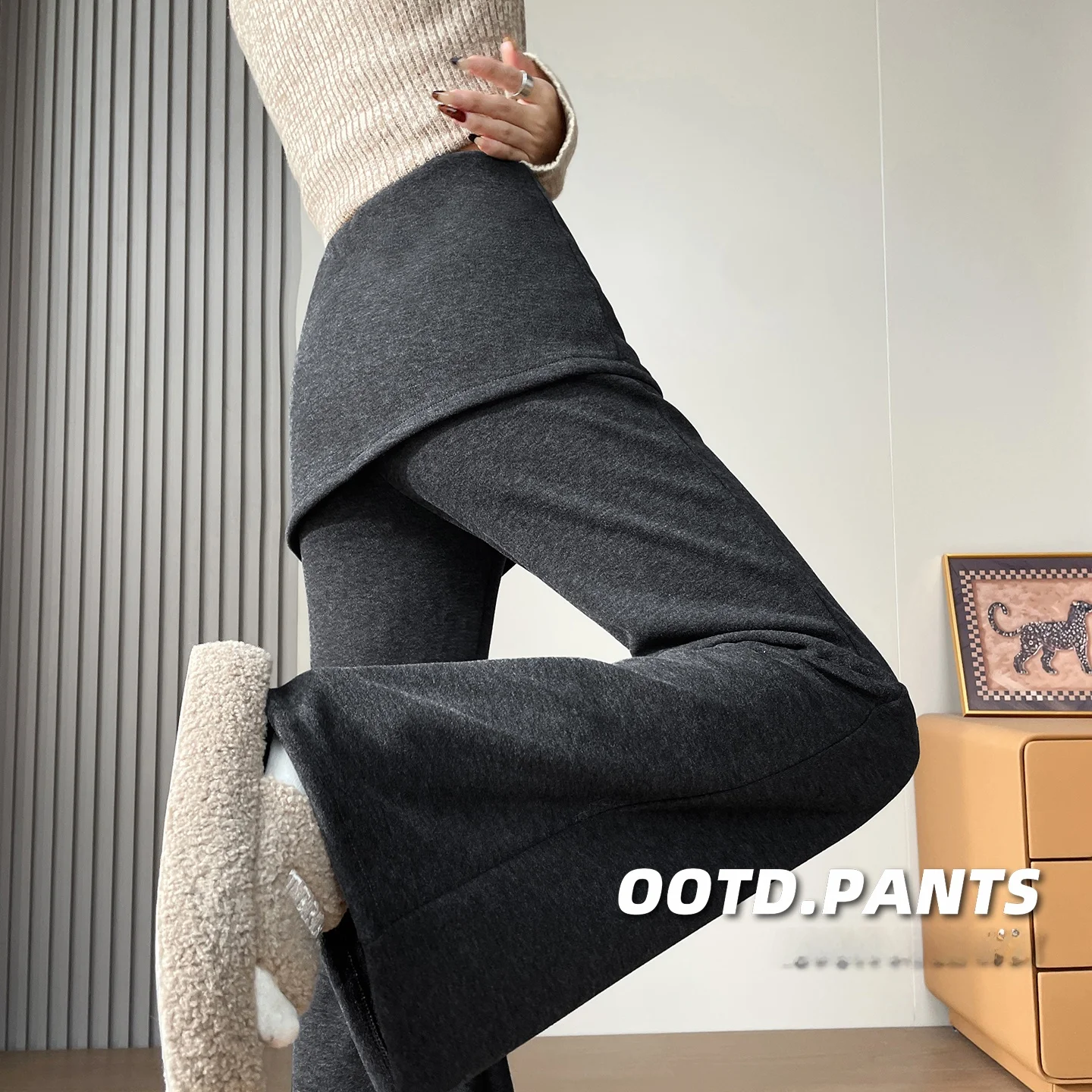 Thiened Fce اصطف عالية الخصر التخسيس بنطال ذو قصة أرجل واسعة زر بالتفصيل كاذبة قطعتين بناطيل كاجوال للنساء