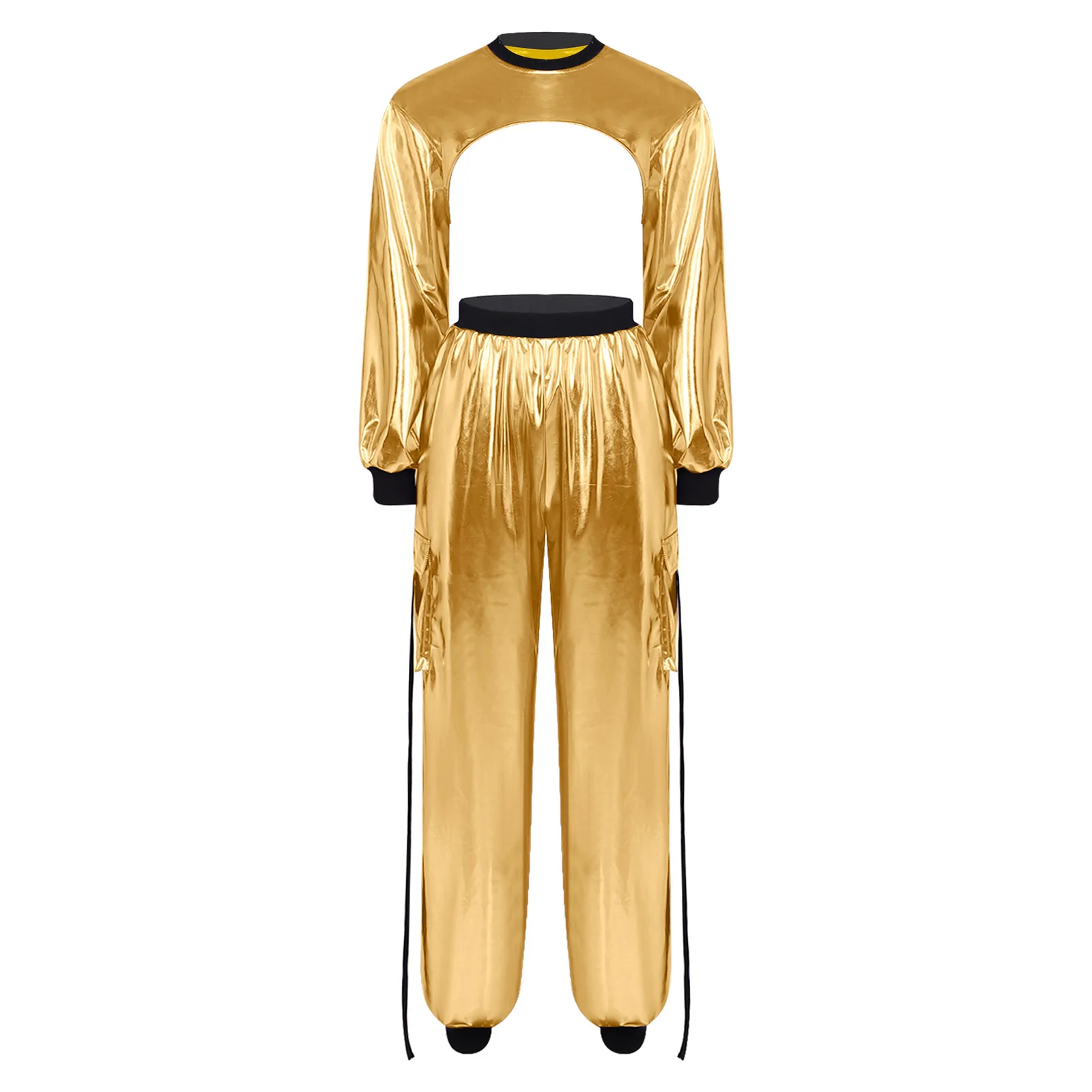 Women Streetwear Metallic Shiny Hip Hop Outfit Crop Top with Cargo Jogging Pants for Jazz Dance Disco Party Bar Nightclub Set