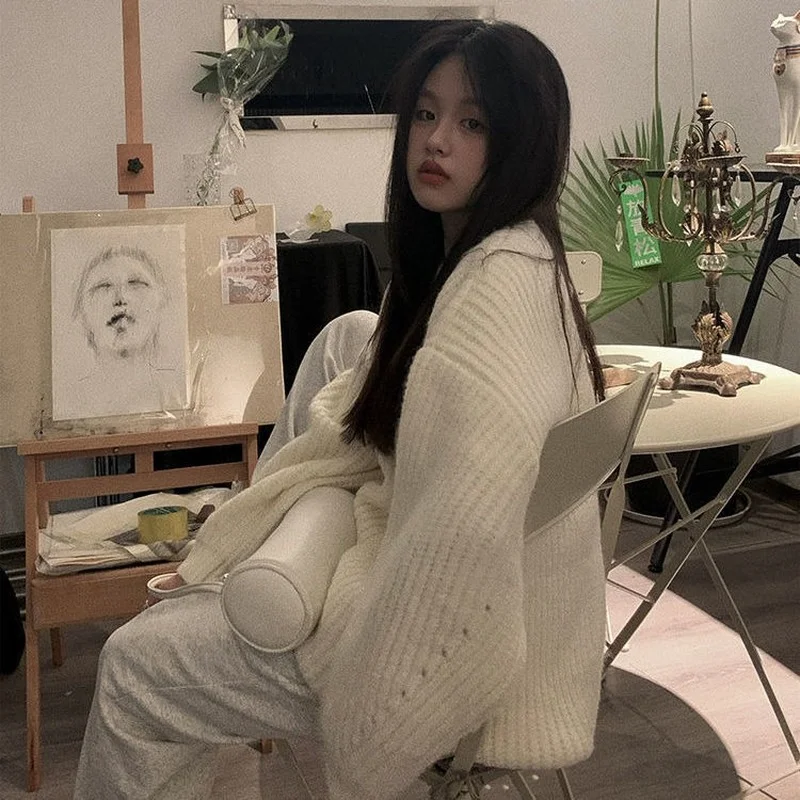 

Свитер женский винтажный зимний новый однотонный с круглым вырезом толстый вязаный студенческий свободный универсальный пуловер милая эстетичная простая одежда