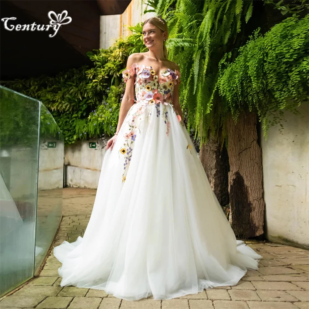 Abiti da sposa floreali in pizzo ricamato colorato con spalle scoperte Tulle Foresta Woodland Boho Abiti da sposa personalizzati