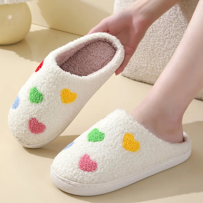 Winter Cute Color Heart Women Slippers Valentine's Day Embroidery Fuzzy Romantic Love Comfy Flat Girl Friend Gift Home Shoes