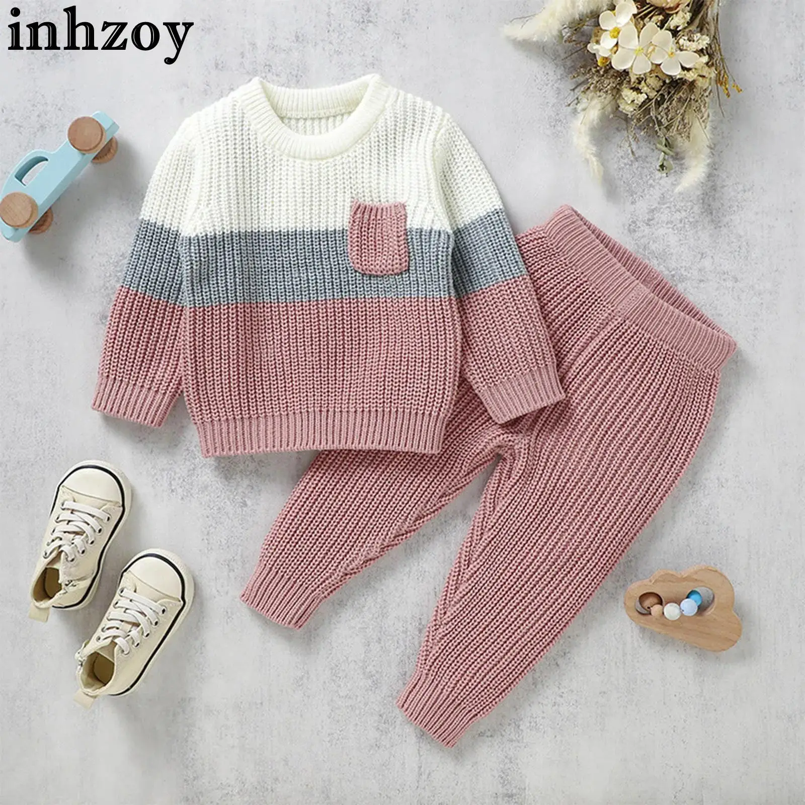 

Осенне-зимний теплый повседневный вязаный наряд для малышей, свитер с длинными рукавами и штаны для повседневной вечеринки, домашняя одежда