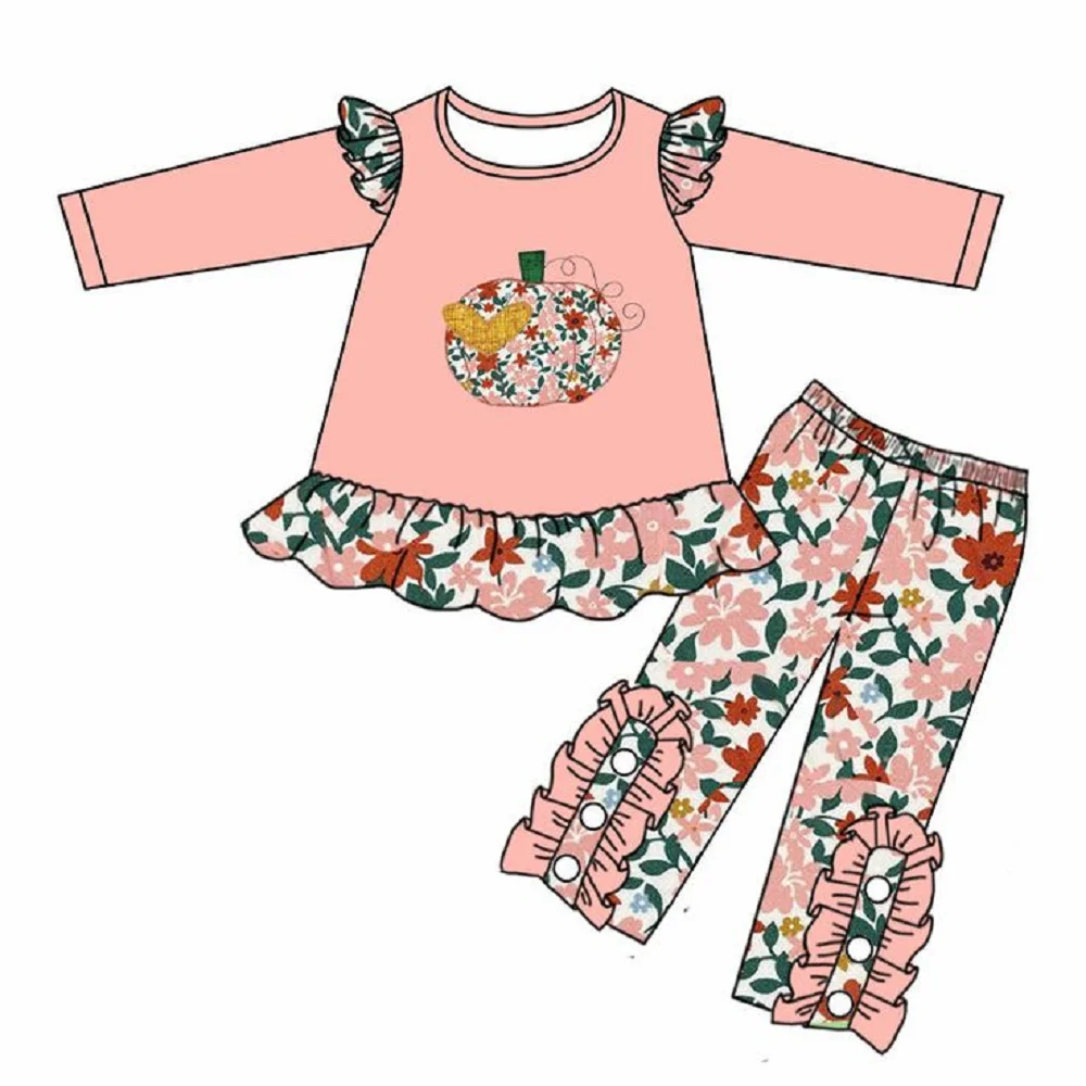 

Thanksgiving Floral Pumpkin Print Pink Long-sleeved Top With Ruffled Trousers Boutique Set