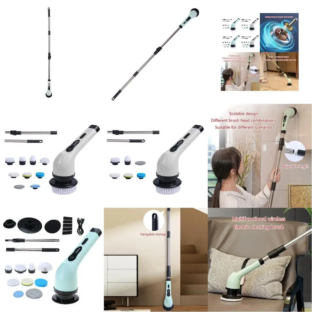 A0NC Elektrischer Schleuderschrubber, kabelloser Schrubber mit 6/9 austauschbaren Schrubberköpfen, Verlängerungsgriff,