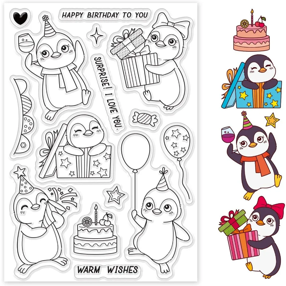 Penguin and Party Clear Stamp Happy Birthday and Cake Transparent Silicone Stamp Rubber Stamp for Scrapbook Journal Christmas