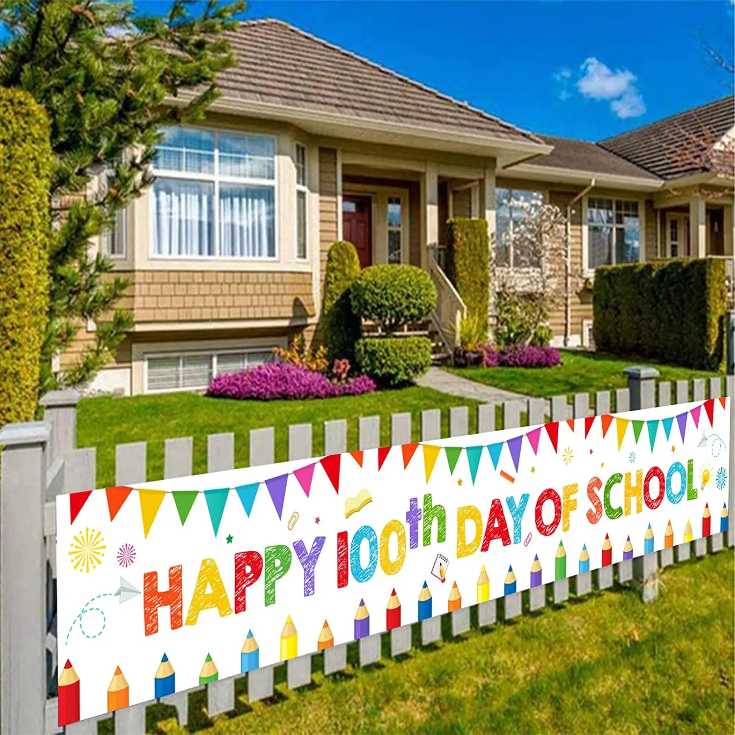 

Happy 100th Day of School Banner Outdoor Happy 100 Days Polyester Hanging Banner for Kindergarten Pre-school Primary High School