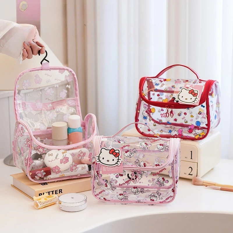 

Hello Kitty Makeup Bag Cute Cartoon Large Capacity Transparent Handheld Portable Storage Bag Travel Women Products Wholesale