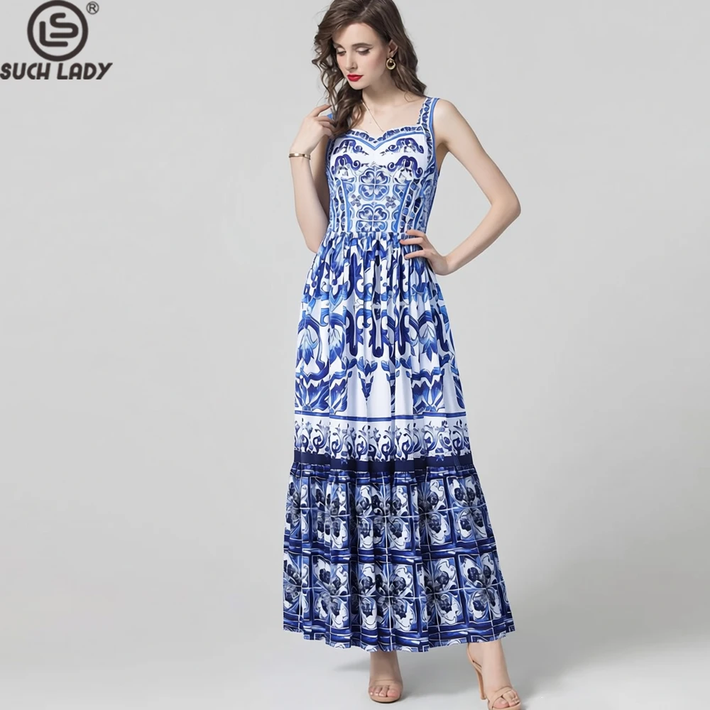 

Women's Blue and White Majolica Print Maxi Dress Vintage Floral Spaghetti Strap Long Flowy Vestidos Vacation