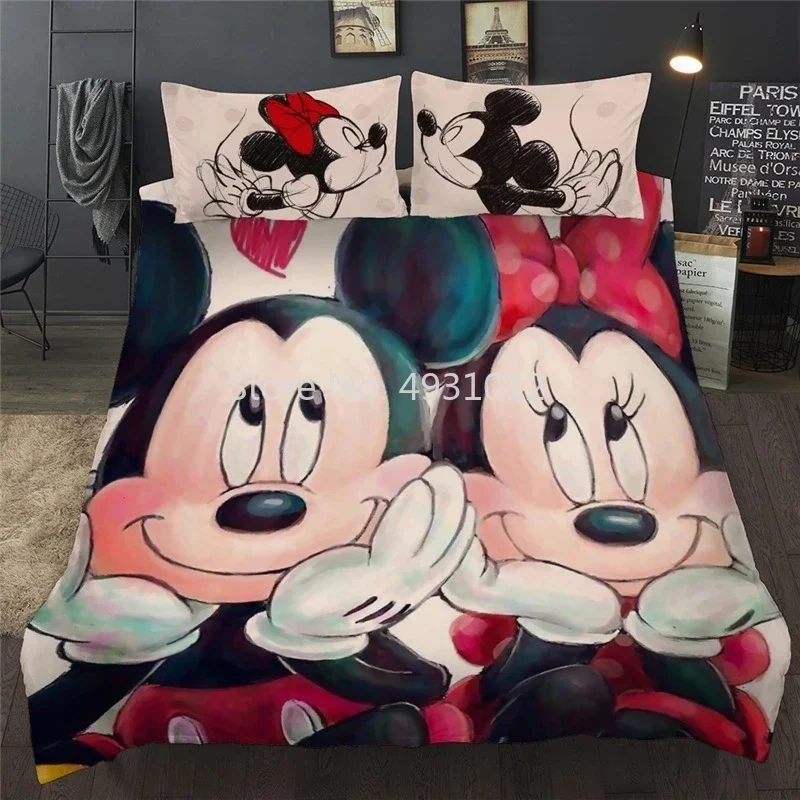 Anime Mickey Minnie Mouse Love Duvet Cover Bedding Set 3pcs Queen King Size Cartoon Single Double Twin Full Children Kids Gift