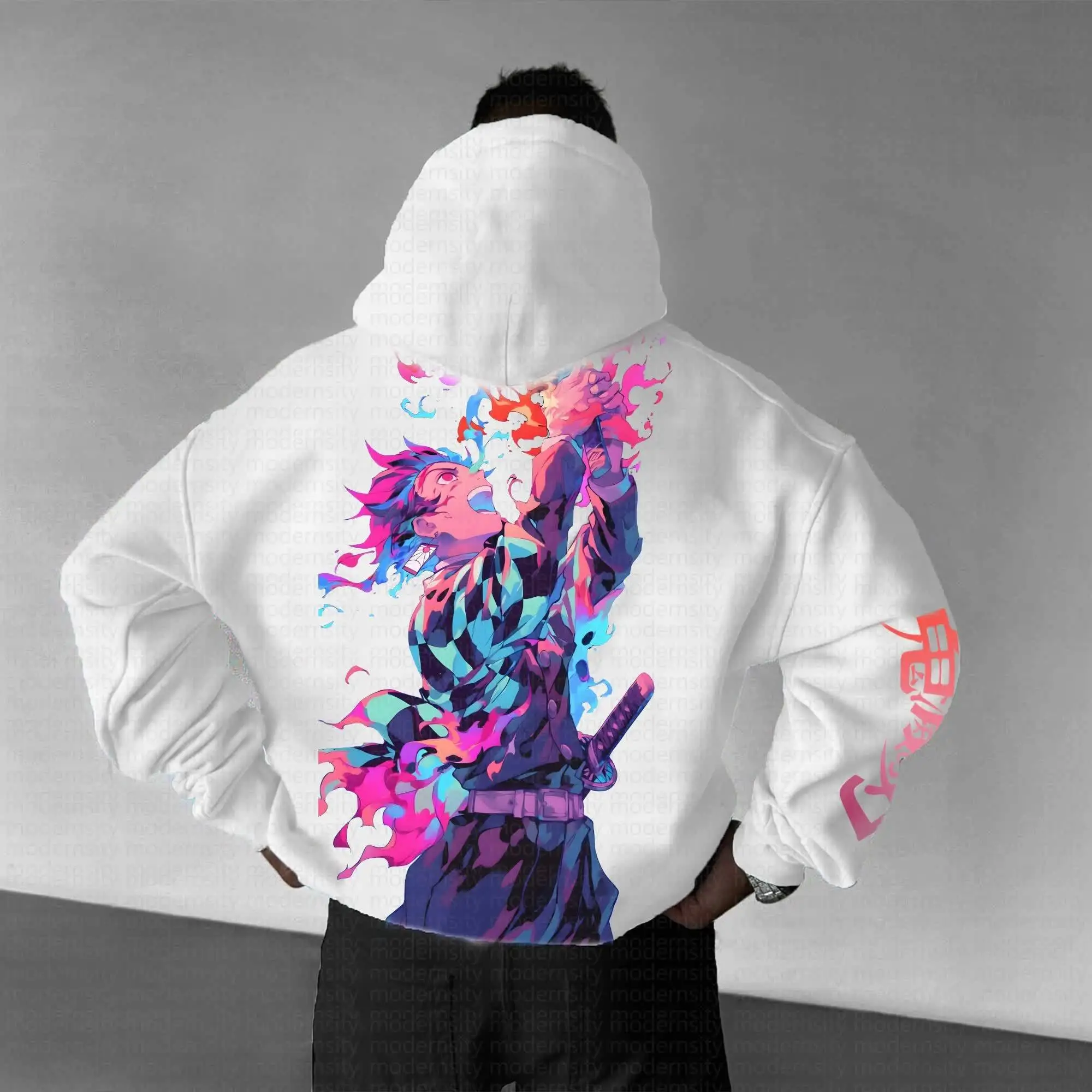 Demon Slayer Kimetsu No Yaiba Tanjiro Kamado conjunto con capucha blanca llama roja espalda estampado personaje frente Kanji sudadera de algodón