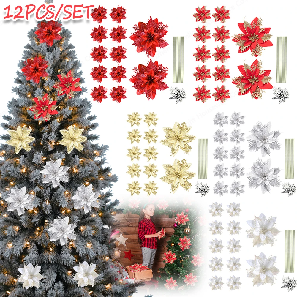 

12PCS 14cm Glitter Christmas Flowers Artificial Poinsettia Flower Head Xmas Tree DIY Ornament Home Decoration Navidad new year