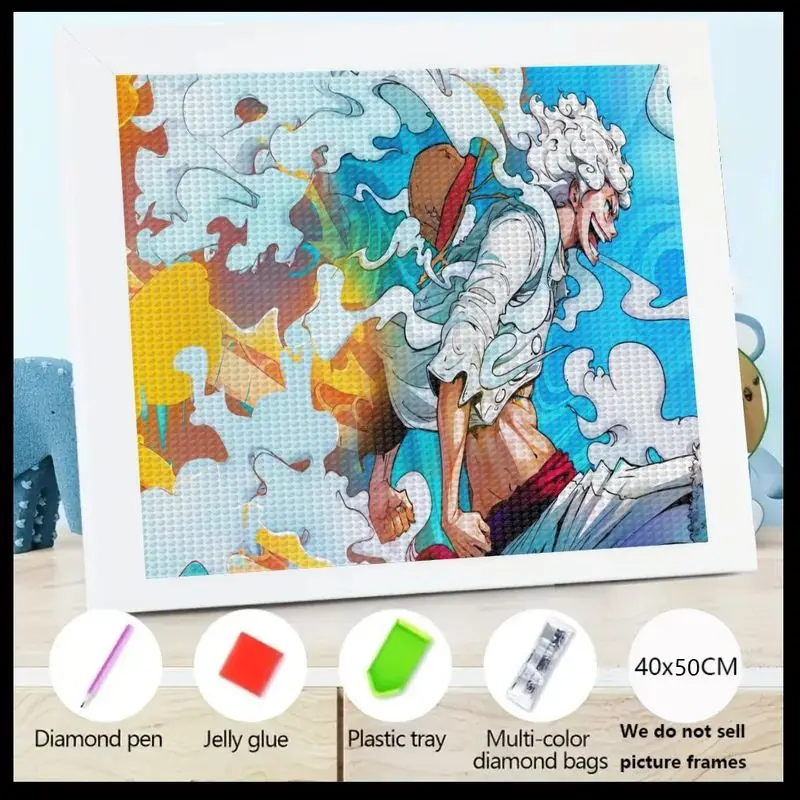 1 pieza de mono de una pieza D. Luffy Gear 5 pintura de diamante de Anime 5D DIY Kit completo de taladro, arte de Manga de dibujos animados vibrantes bordado de diamantes de imitación