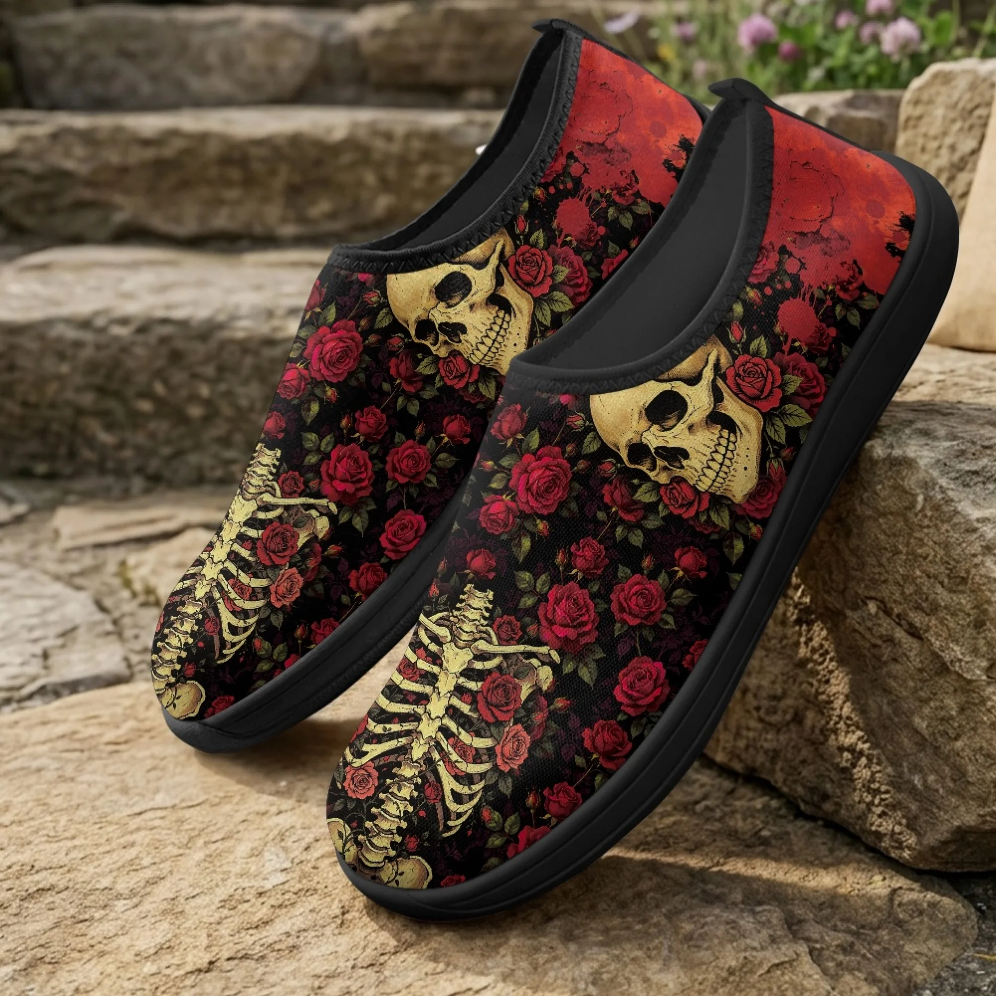 XIXIRIMIDO Slip-on Wide-toed Shoes Skull Flower Men's Breathable Mesh Shoes Womens Fashion Summer Sneakers Walking Shoes 36-46