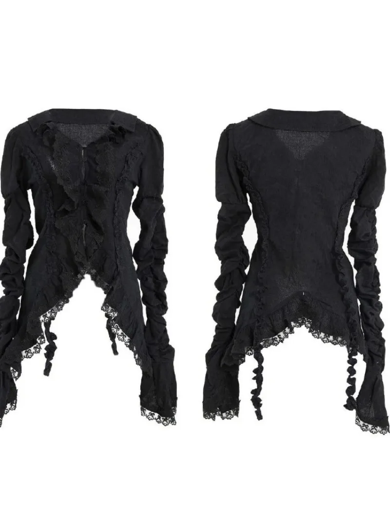 ヴィンテージ ボディコン フォールド Tシャツ フレア袖 カジュアル 中世風 プリンセススタイル レース 透かし彫り 無地 レディースブラウス 2025年秋