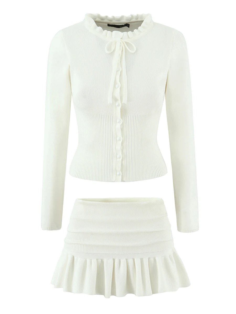 TWOTWINSTYLE Hotsweet Solid Two Piece Set for Women Lapel Long Sleeve Cardigan Low Waist Pleated Mini Skirt Sexy Suit Female New