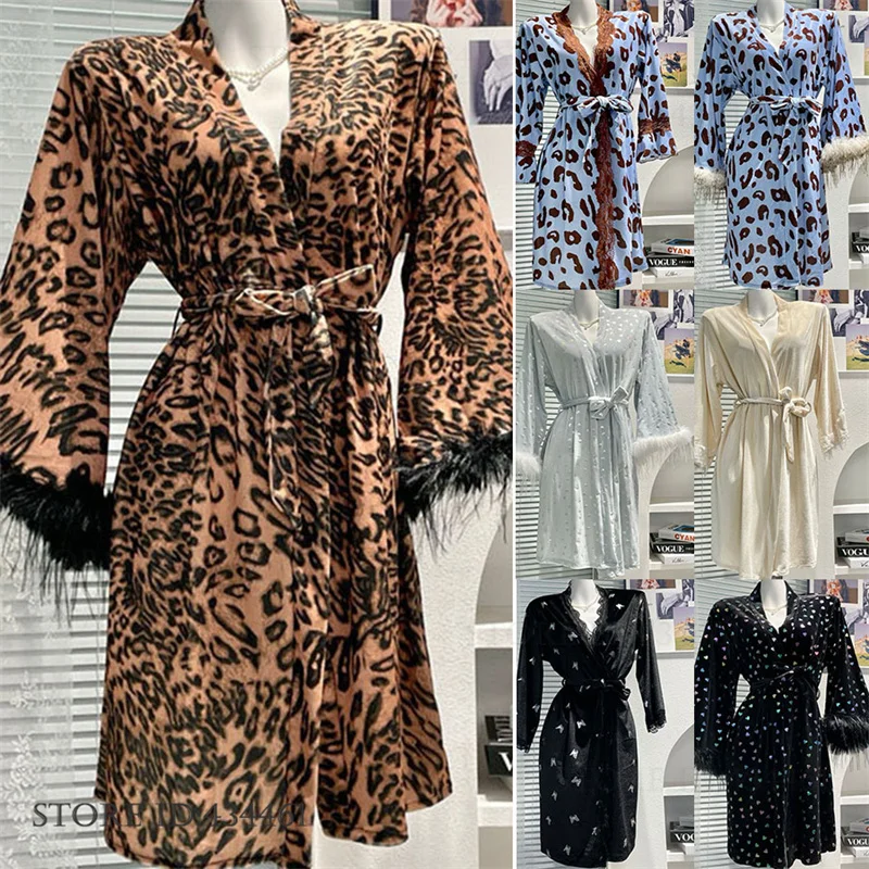 

Sexy Leopard Velvet Robe Sleepwear Luxury Fashion Feather Kimono Bathrobe Gown Female Home Dress Autumn Winter Velour Loungewear