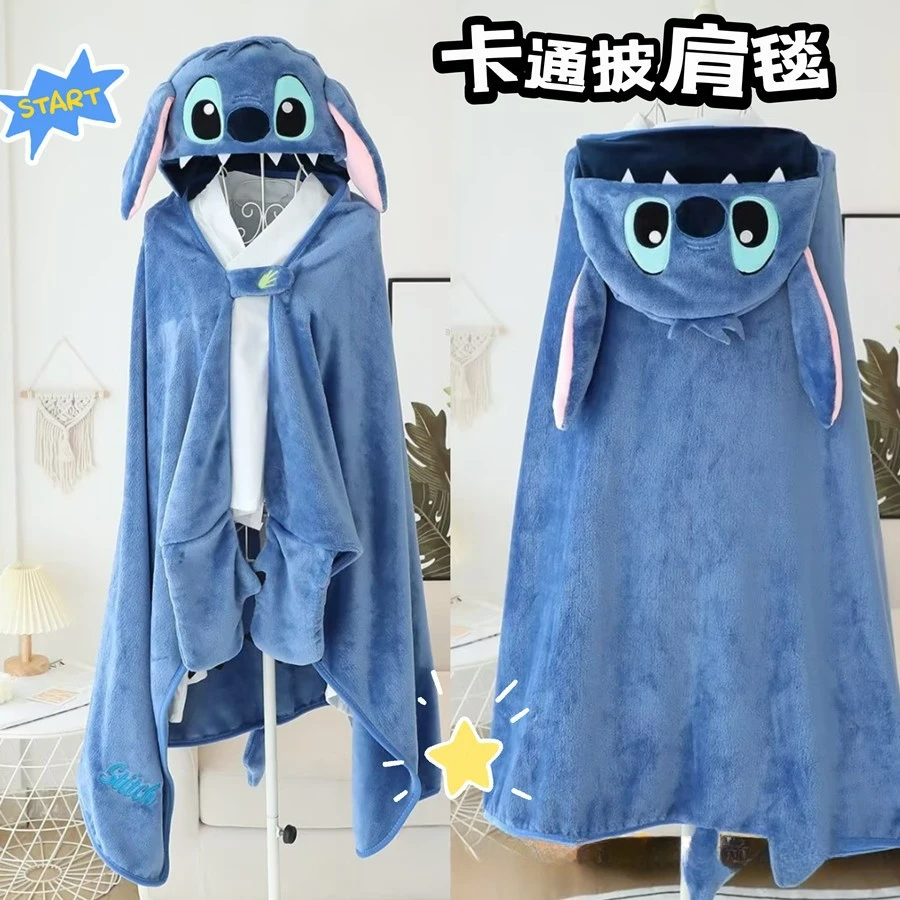 New Disney Cartoon Stitch Hooded Cape Children Shawl Thickened Warm Nap Cape Kawaii Office Blanket Anime Character Dry Hair Hat