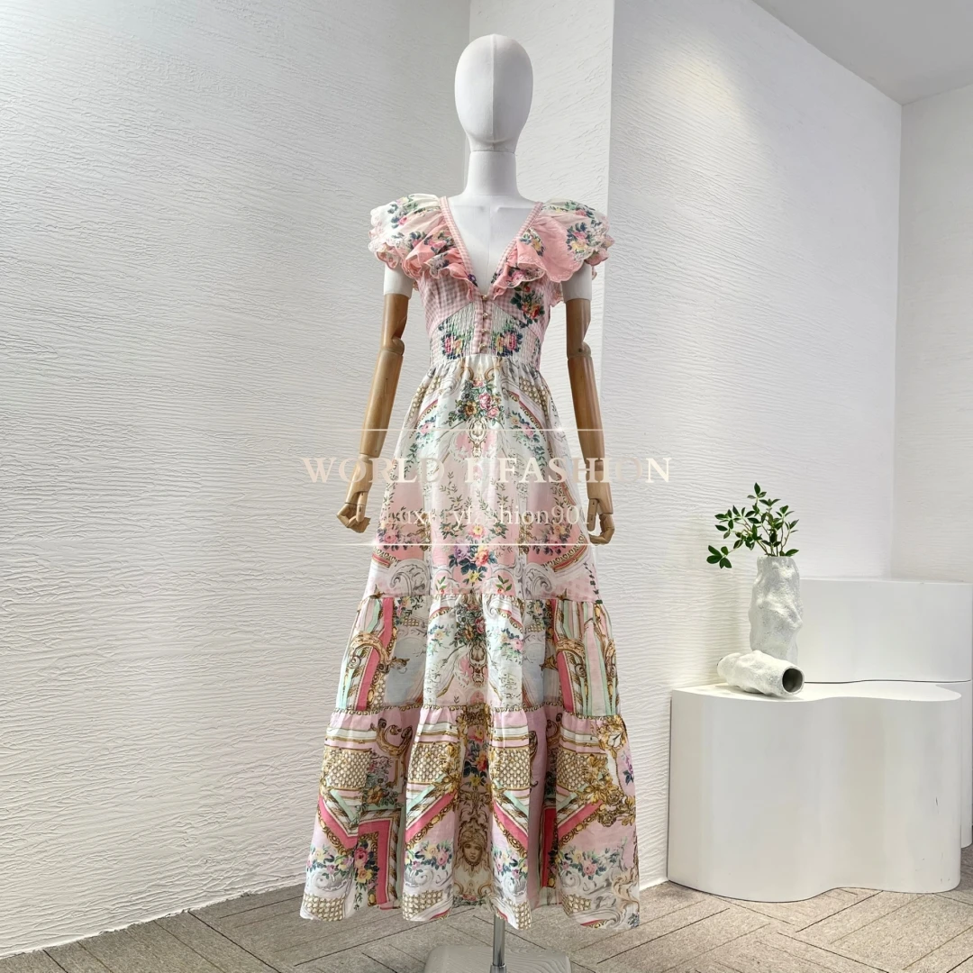 

2025 Pink Floral Print Short Sleeve Deep V Neck Pleat Back Cut Out Waist Midi Dress High Quality