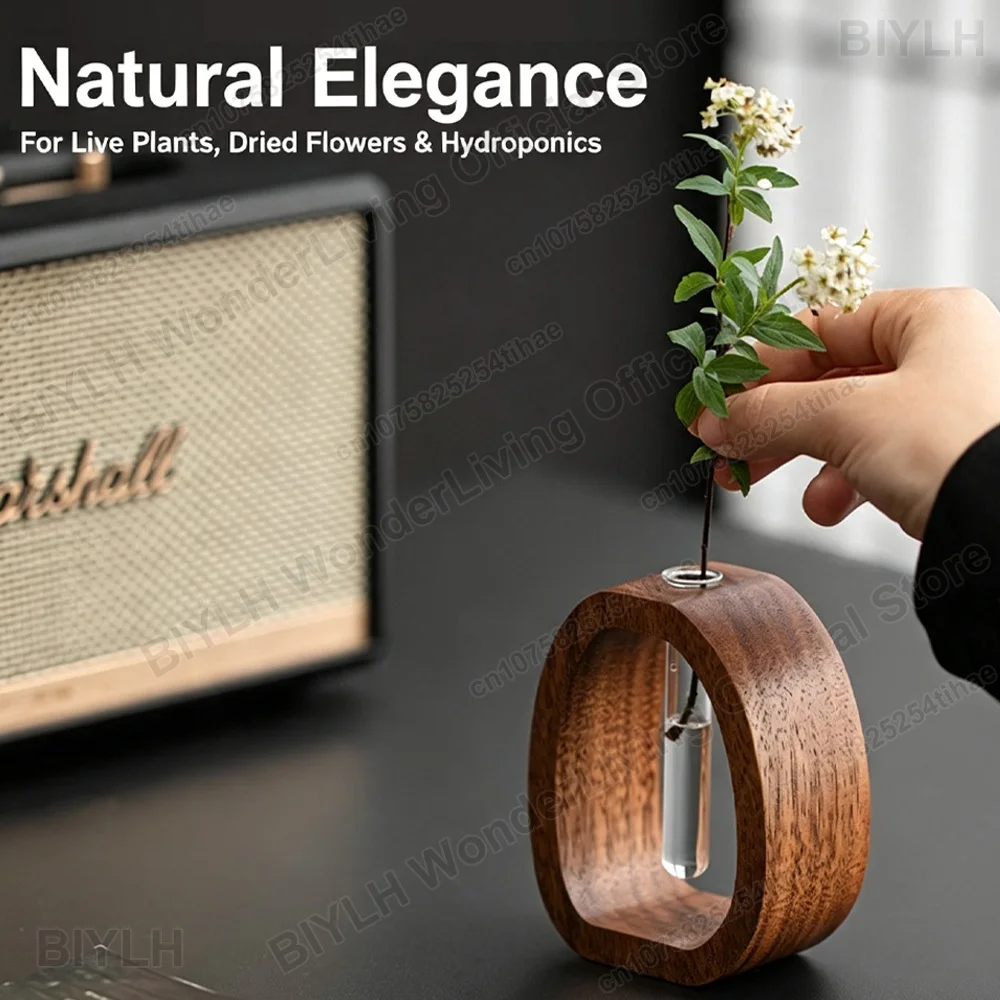 Hydroponic Propagation Stations with Wooden Base Solid Wood Holder with Glass Test Tube Water Grown Vase for Home Office Decor