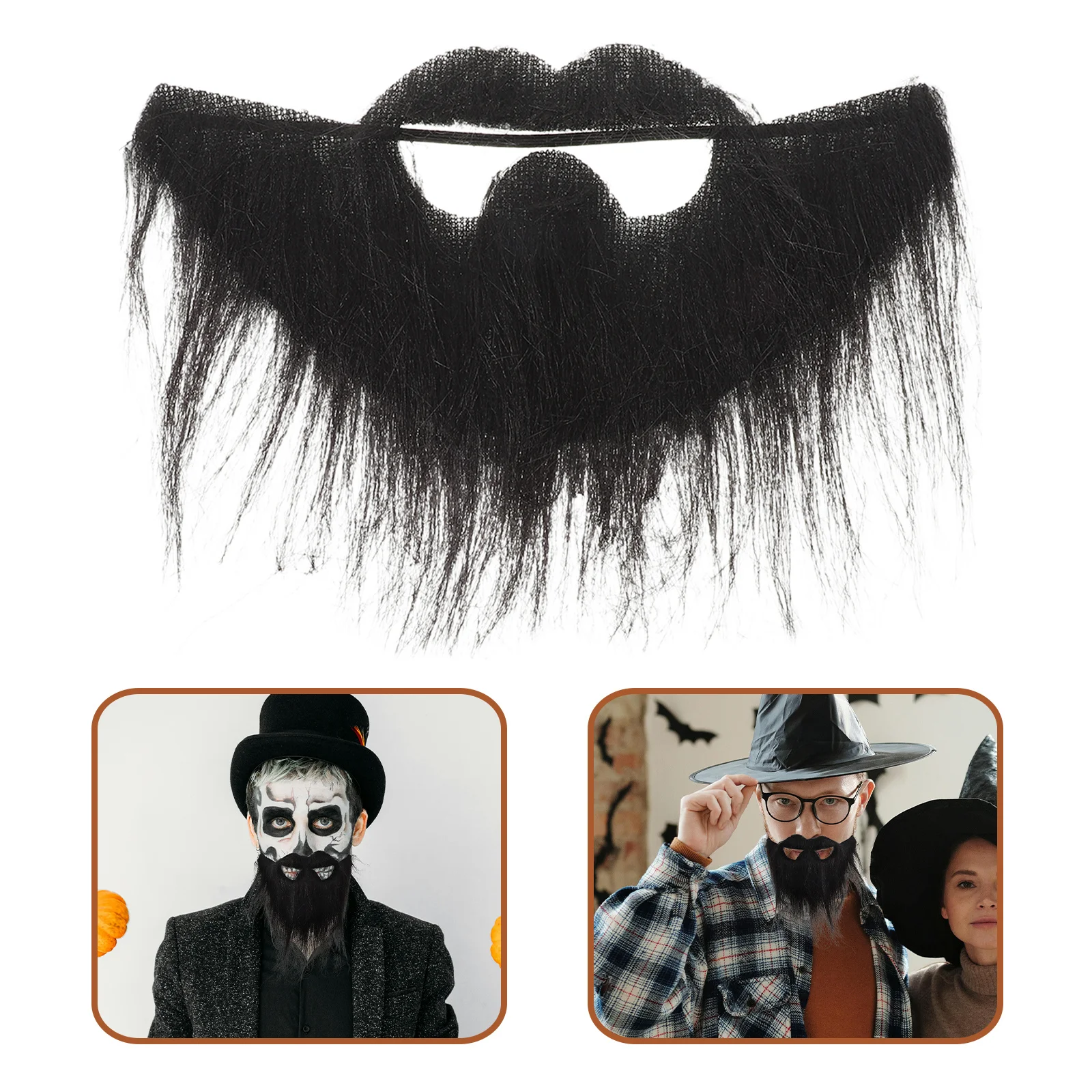 

3pcs Long Hair Fake Beard Black Realistic Faux Mustache Elastic Rope Facial Hair Costume Party Halloween Cosplay Drama Play