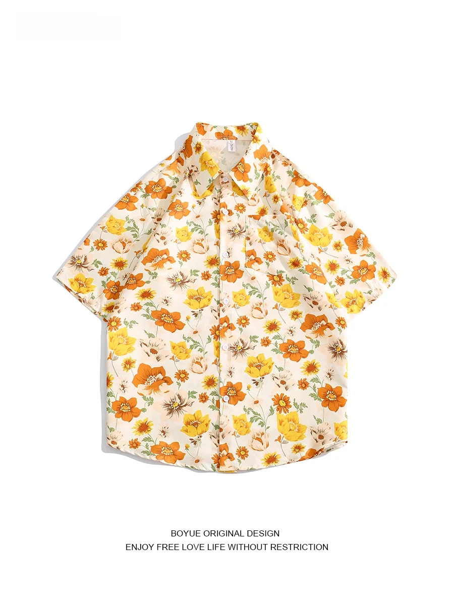 

BOYUE Ice Silk Flower irt ort Sve Beach Vaion Retro Harajuku Ins Couple's Loose Fit Summer Youth Printed Casual irt