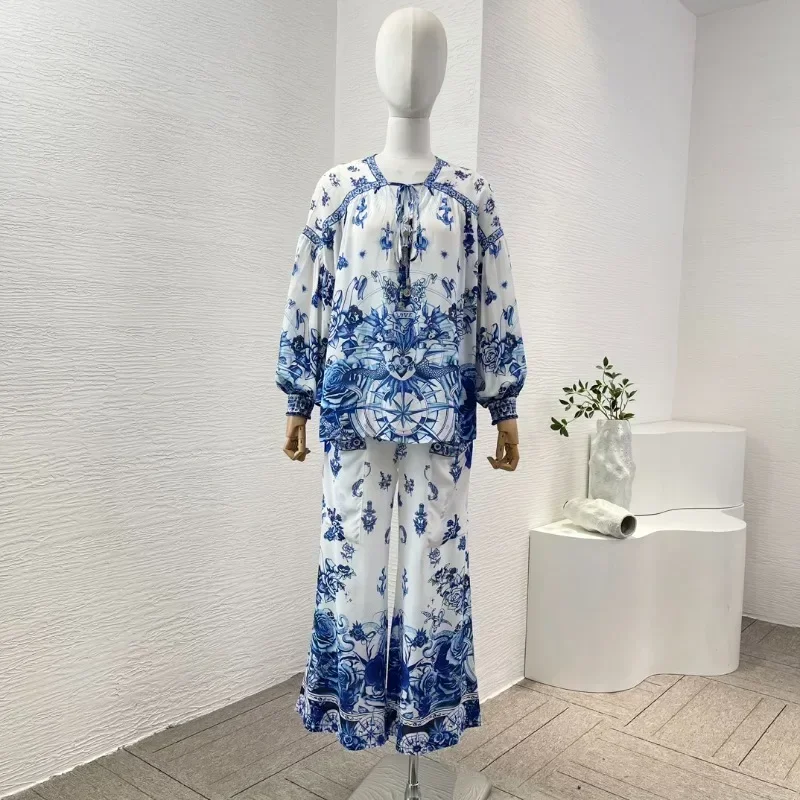 Women's Blue and White Porcelain Floral Print Long Sleeve Diamonds Blouse Tops and Pants Set High Quality 2024