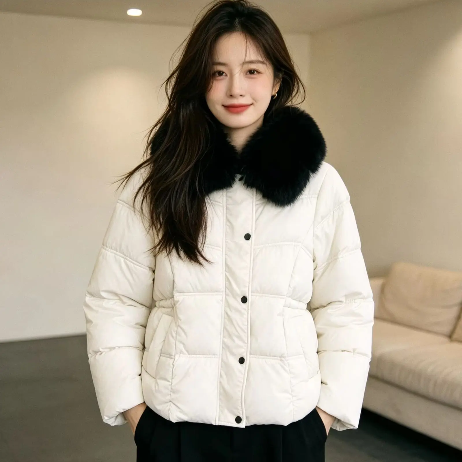 2026 New Women's Faux Fur Collar Padded Parka Coat Drawstring Waist Single-Breasted Warm Winter Casual Outerwear for Ladies