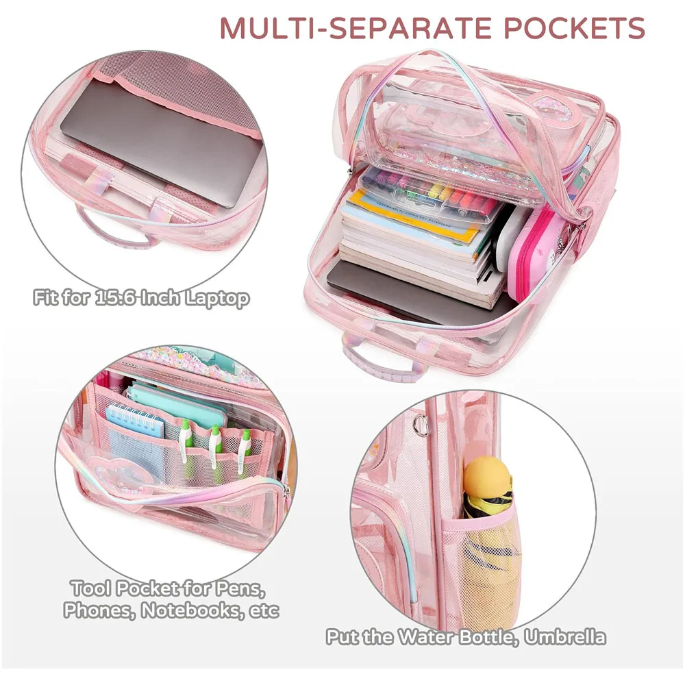 Clear Backpack for Girls Women Transparent Kids Elementary College School Bag Travel Laptop Backpacks Large Bookbags (Pink)