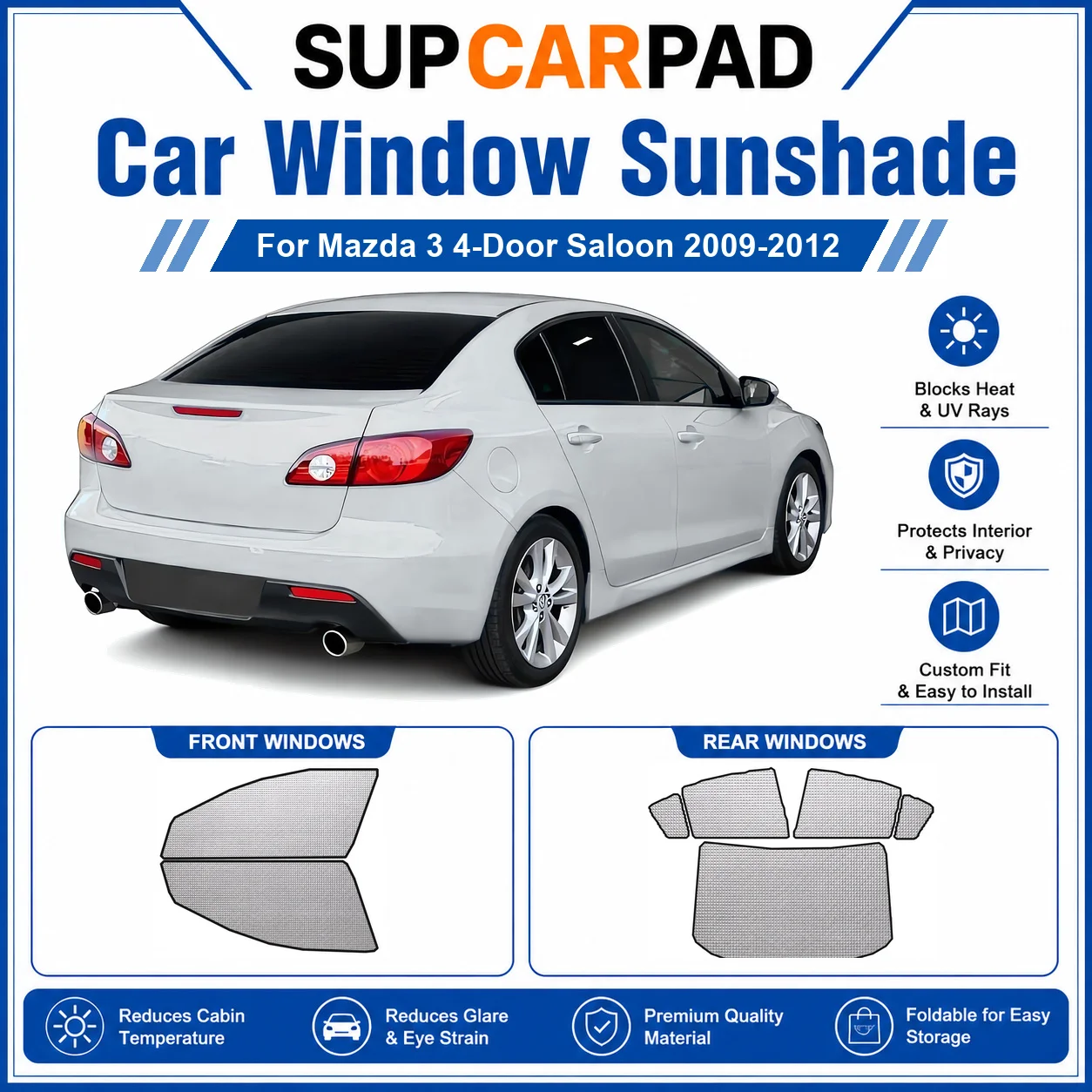 For Mazda - Mazda 3 4-Door Saloon 2009-2012 Full Set Car Window Sunshades UV Block Privacy Heat Insulated Foldable Car Curtain